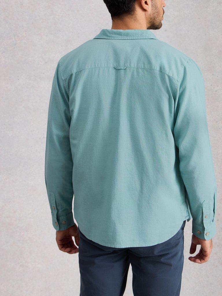 Ely Linen Cotton Collared Shirt in MID BLUE - MODEL BACK