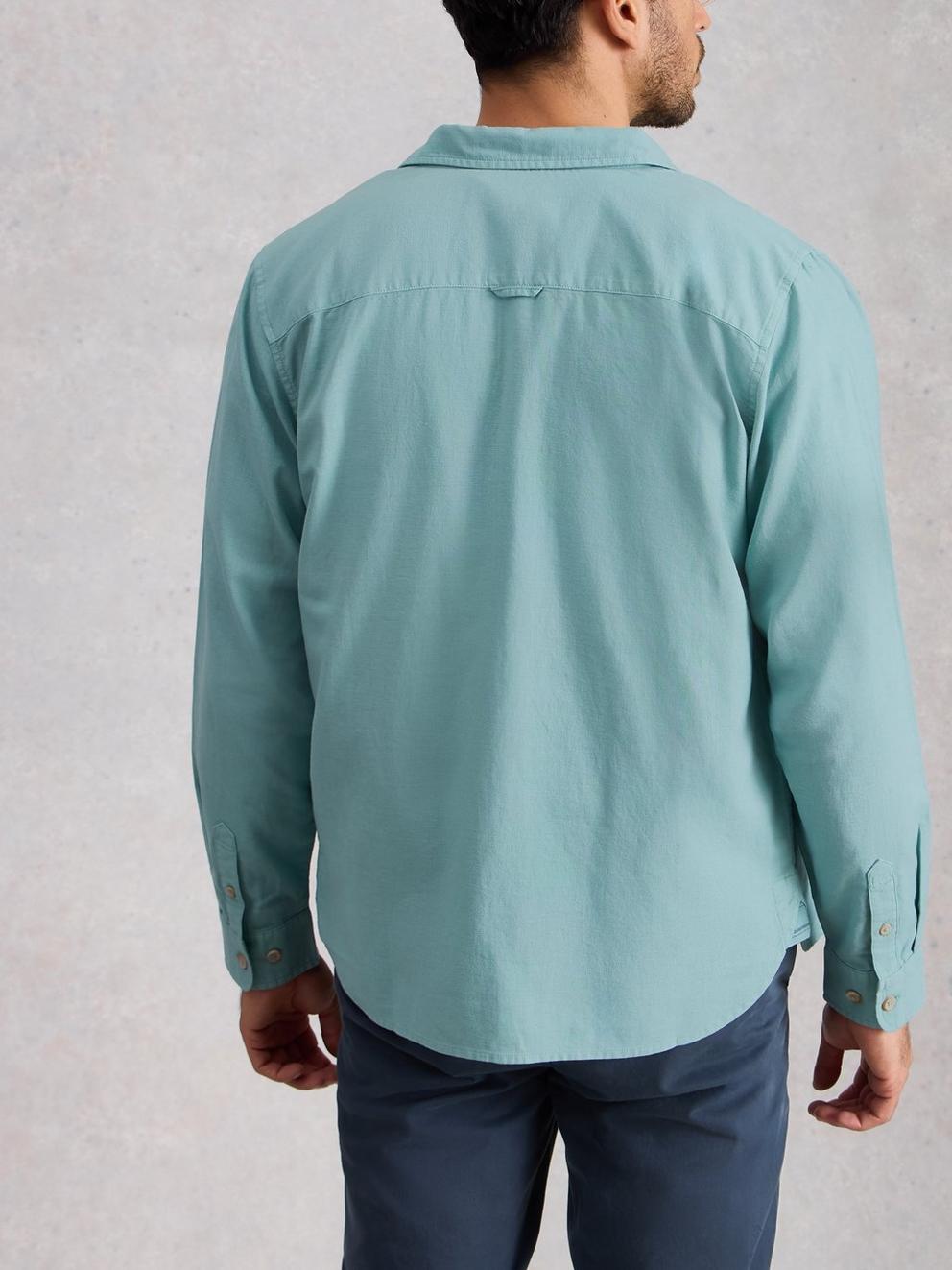 Ely Linen Cotton Collared Shirt in MID BLUE - MODEL BACK