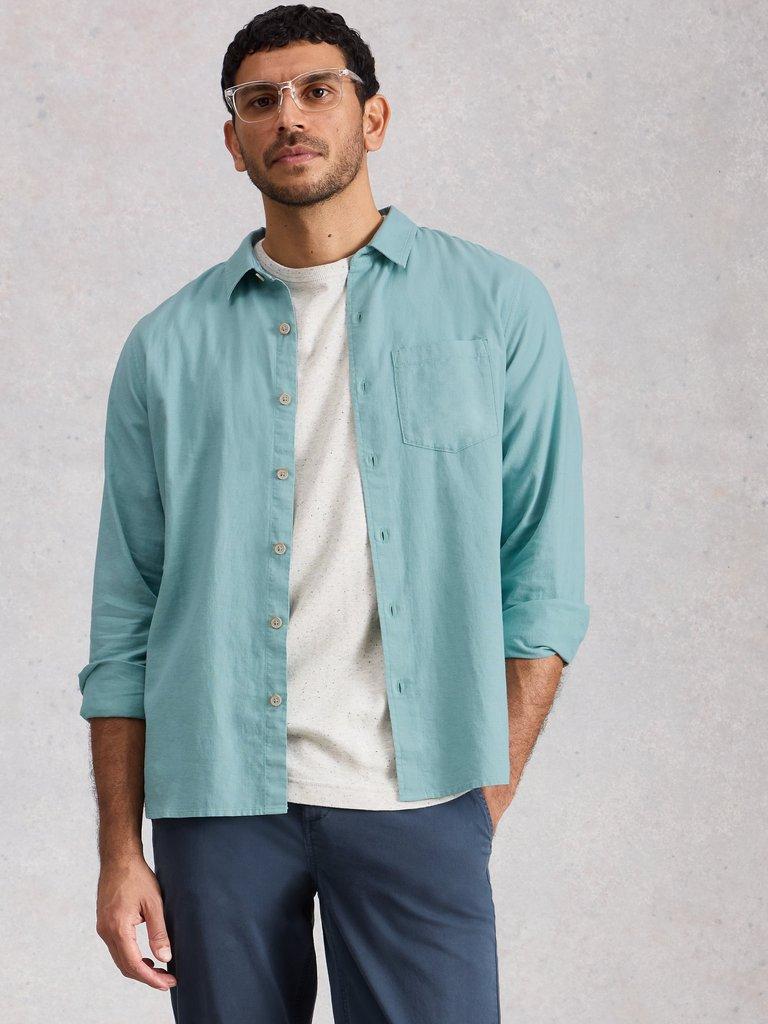 Ely Linen Cotton Collared Shirt in MID BLUE - MODEL DETAIL