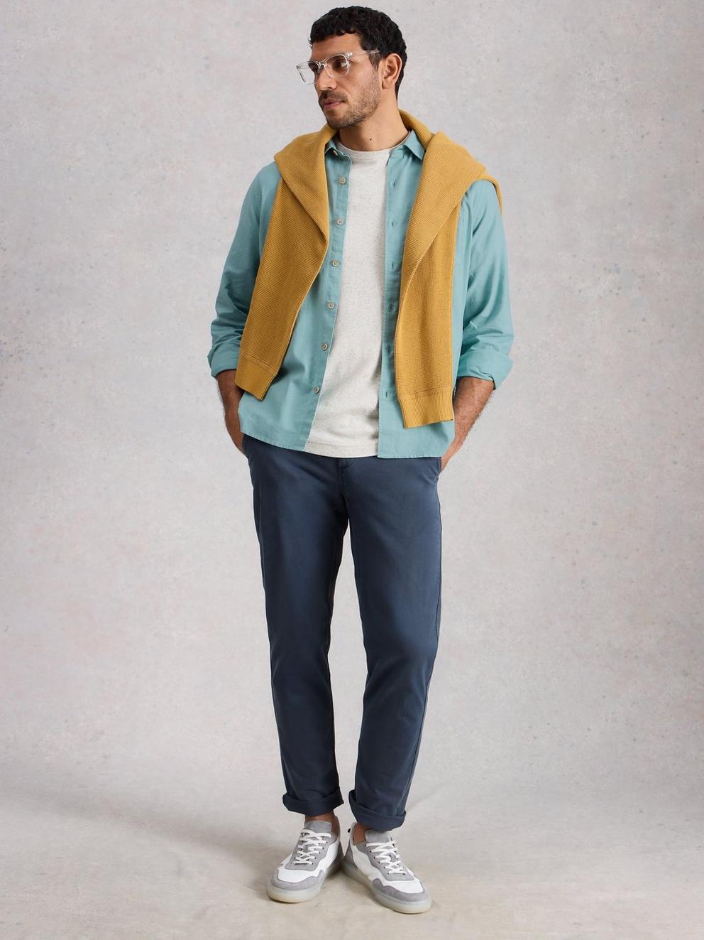 Ely Linen Cotton Collared Shirt in MID BLUE - MODEL FRONT
