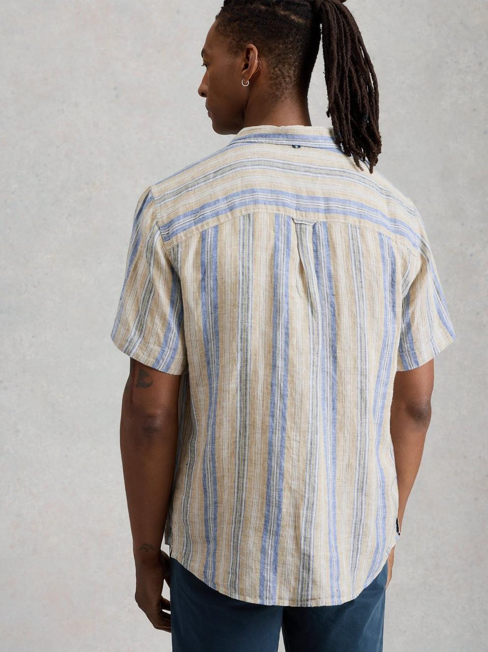 Keswick SS Linen Stripe Shirt in GREEN MLT - MODEL BACK