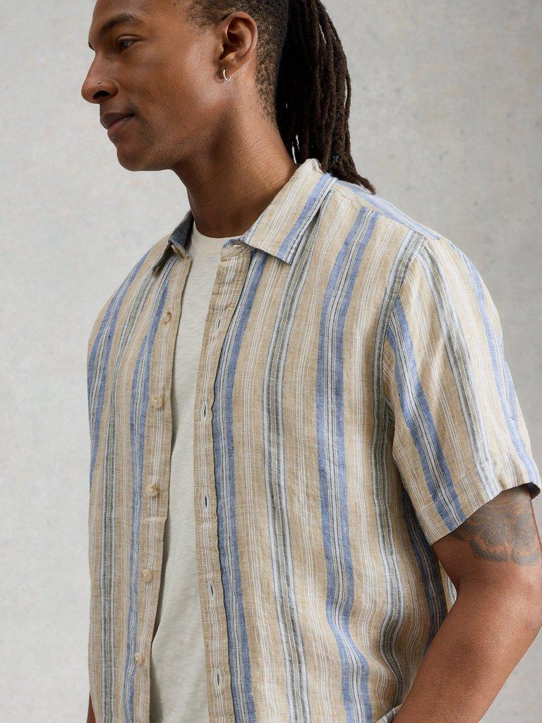 Keswick SS Linen Stripe Shirt in GREEN MLT - MODEL DETAIL
