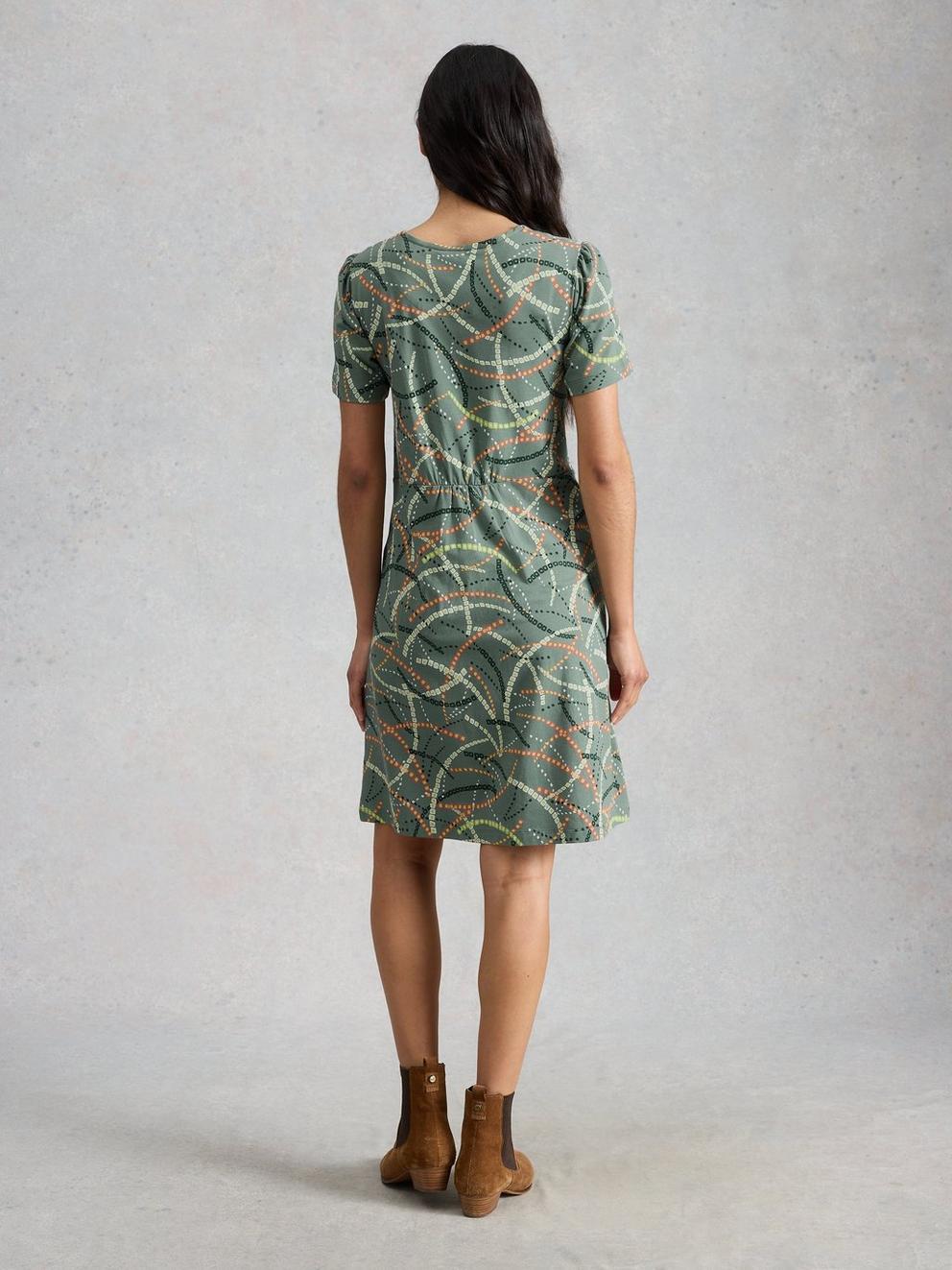 Olivia Print Jersey Dress in GREEN MLT - MODEL BACK