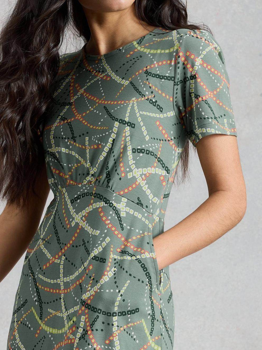 Olivia Print Jersey Dress in GREEN MLT - MODEL DETAIL