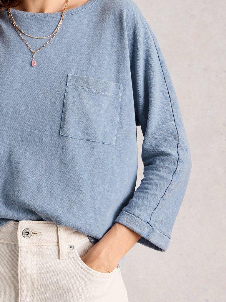 DEMI CREW NECK DOLMAN TOP in MID BLUE - MODEL DETAIL