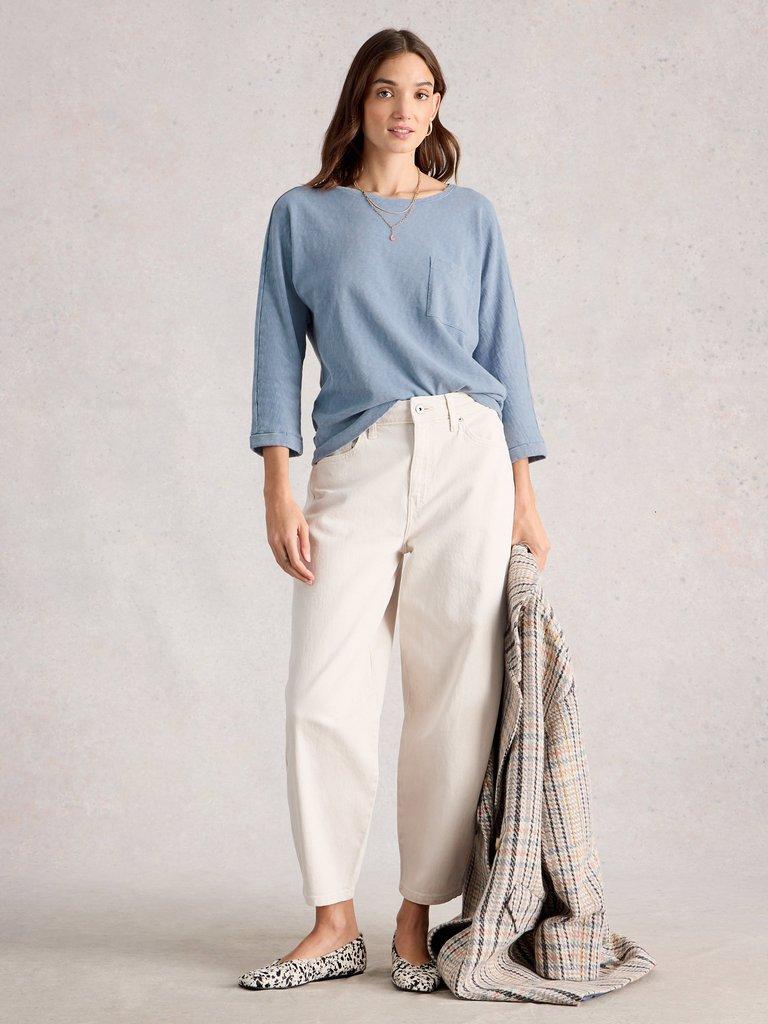 DEMI CREW NECK DOLMAN TOP in MID BLUE - MODEL FRONT