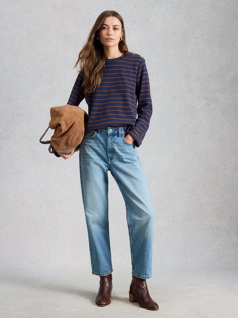 MARION STRIPE TOP in NAVY MULTI - MODEL FRONT