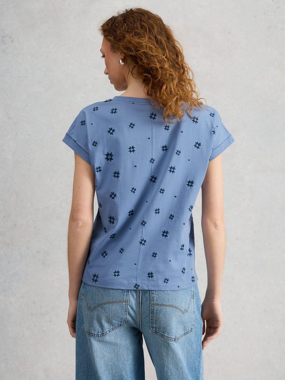 NELLY EMBROIDERED TEE in MID BLUE - MODEL BACK