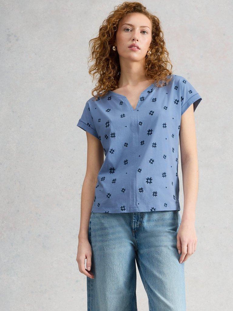 NELLY EMBROIDERED TEE in MID BLUE - MODEL DETAIL