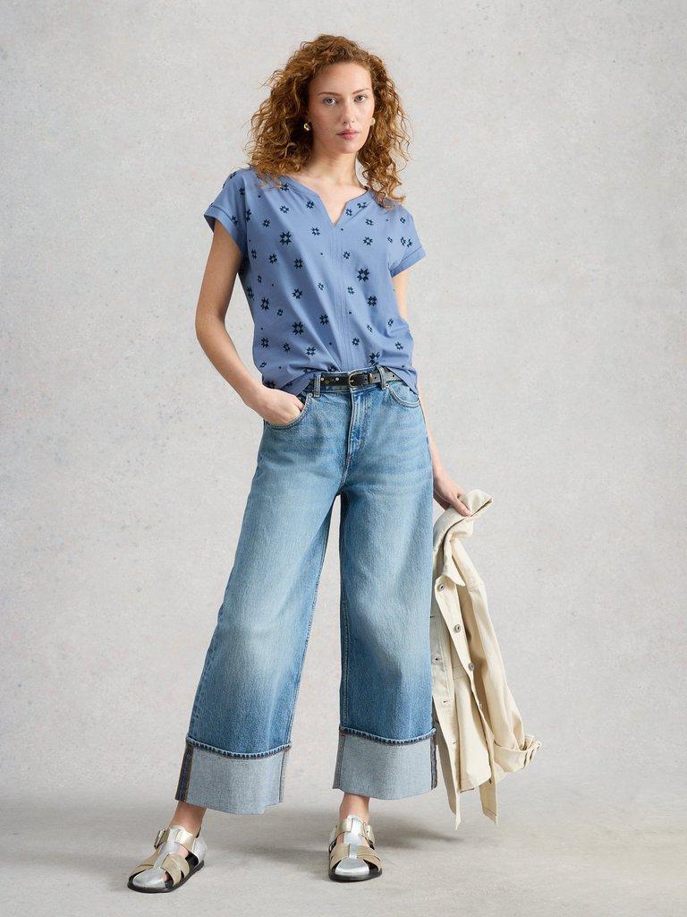 NELLY EMBROIDERED TEE in MID BLUE - MODEL FRONT
