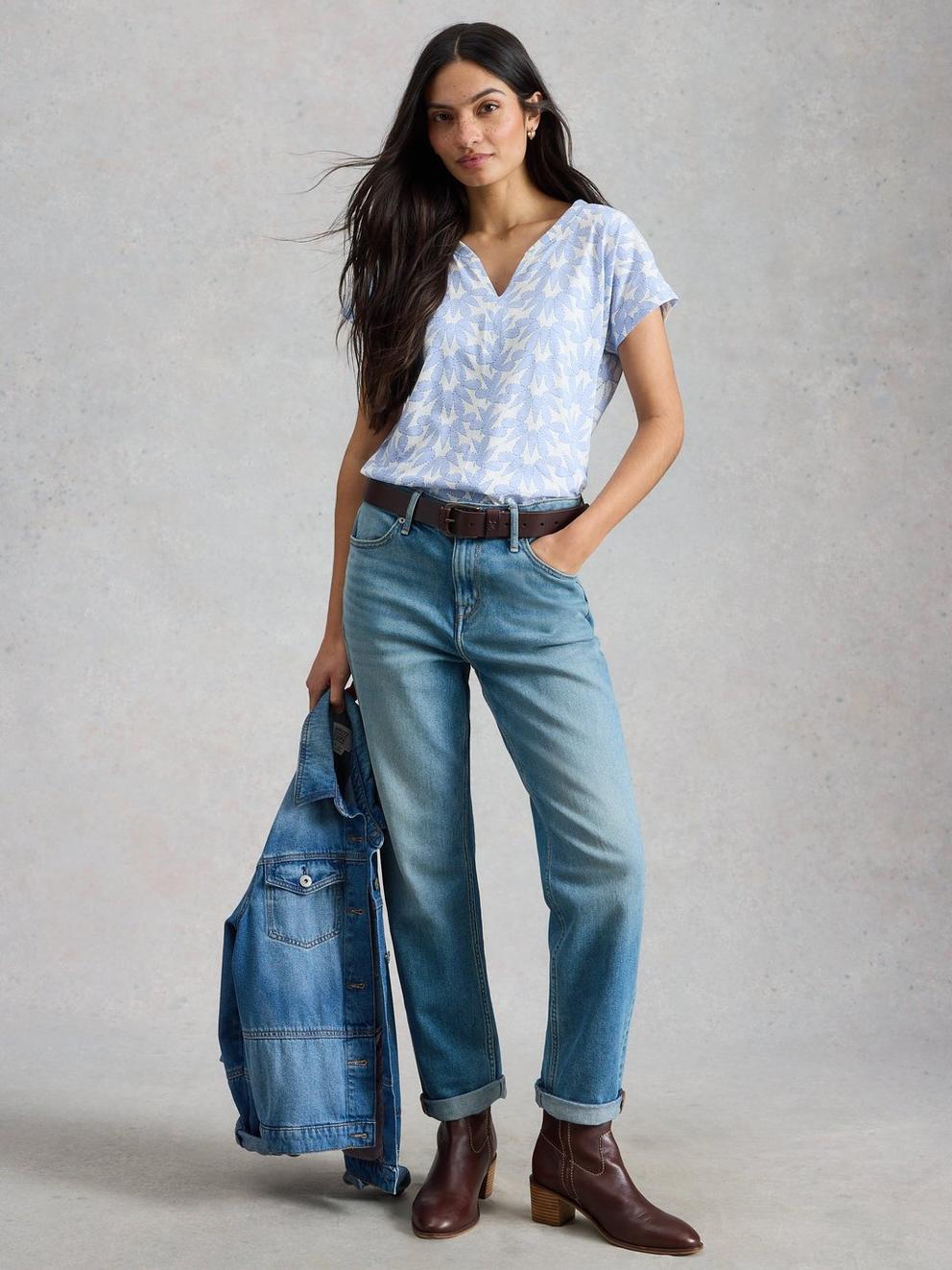 NELLY NOTCH NECK SHORT SLEEVE T-SHIRT in BLUE PR - MODEL FRONT