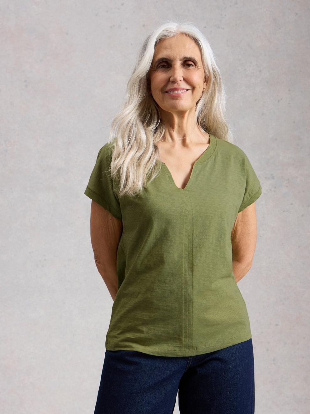 NELLY NOTCH NECK SHORT SLEEVE T-SHIRT in BRT GREEN - LIFESTYLE