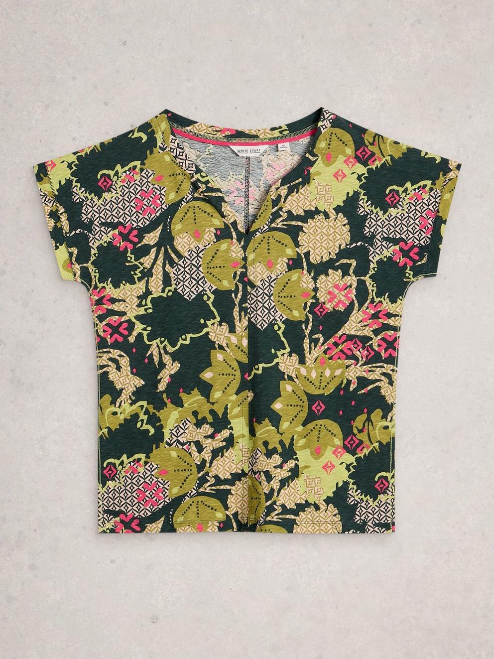 NELLY NOTCH NECK SHORT SLEEVE T-SHIRT in GREEN PR - FLAT FRONT