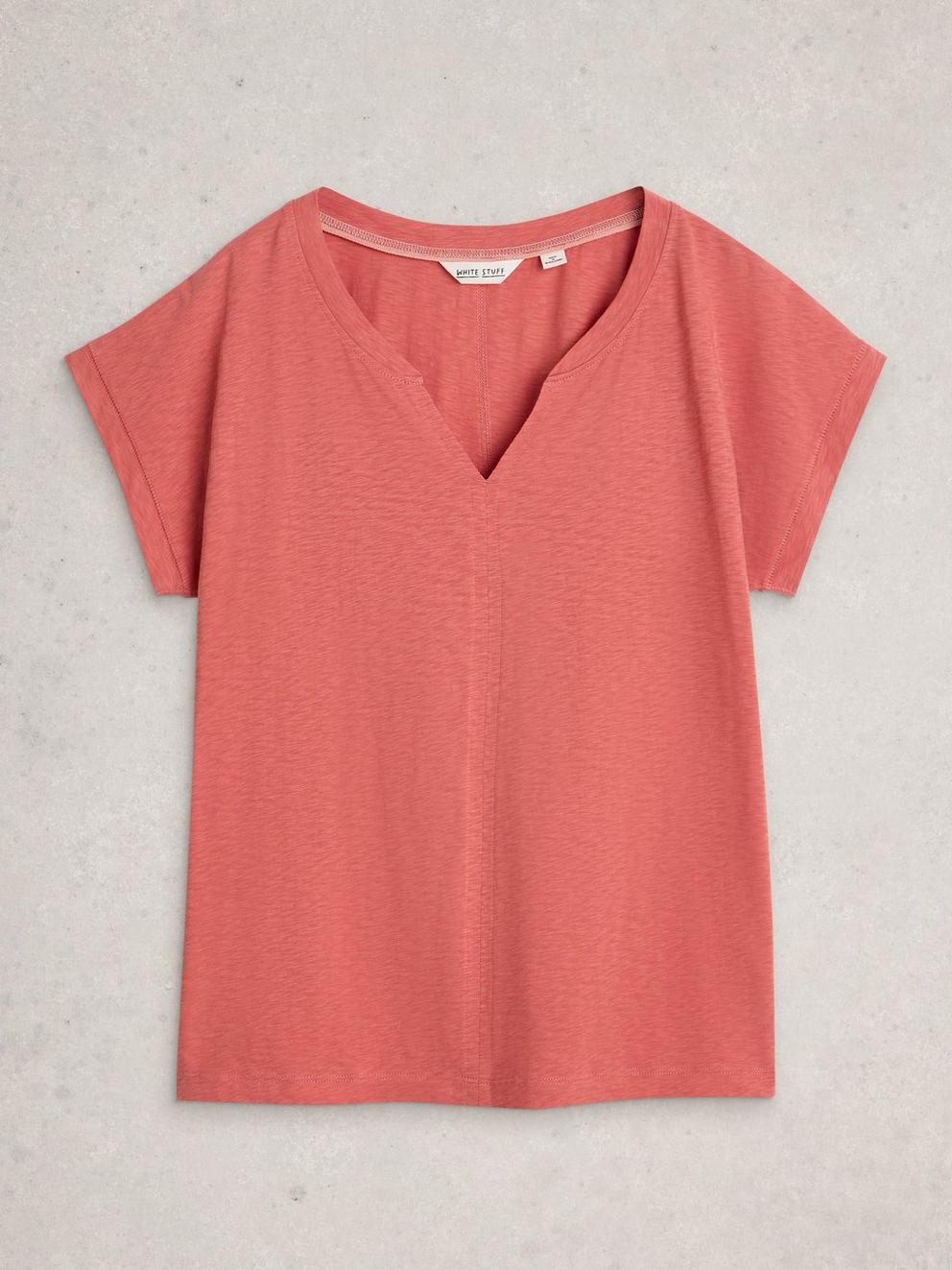 NELLY NOTCH NECK SHORT SLEEVE T-SHIRT in MID PINK - FLAT FRONT