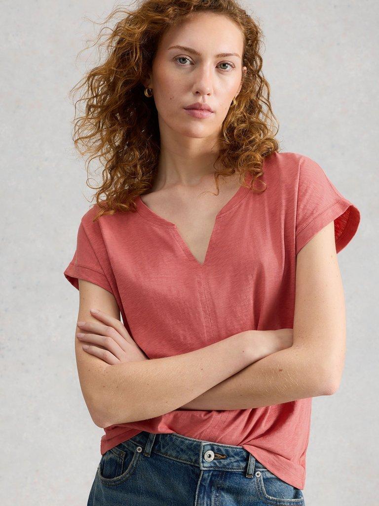 NELLY NOTCH NECK SHORT SLEEVE T-SHIRT in MID PINK - LIFESTYLE