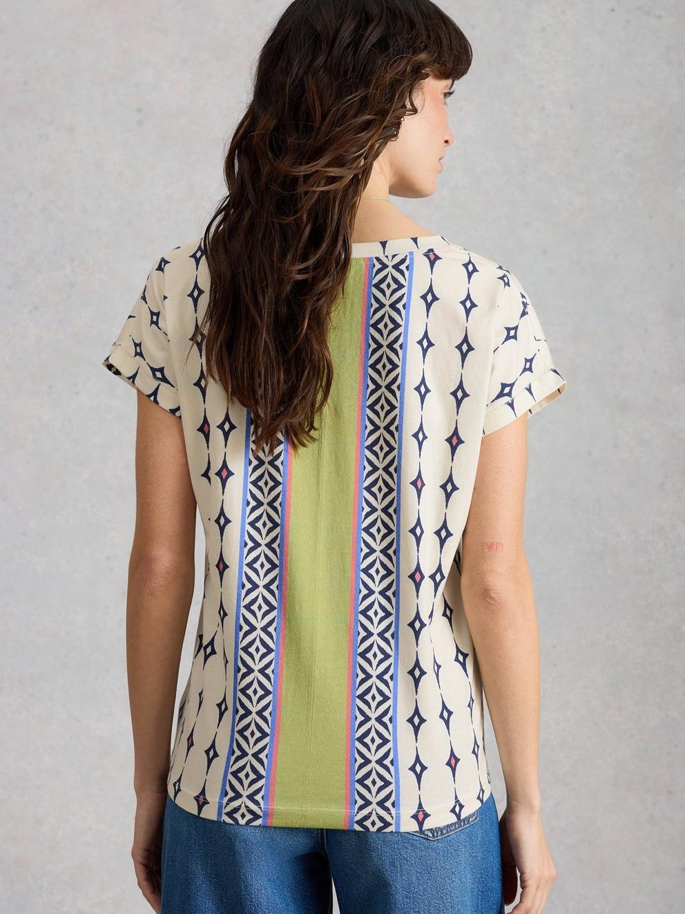 NELLY NOTCH NECK SHORT SLEEVE T-SHIRT in WHITE MLT - MODEL BACK