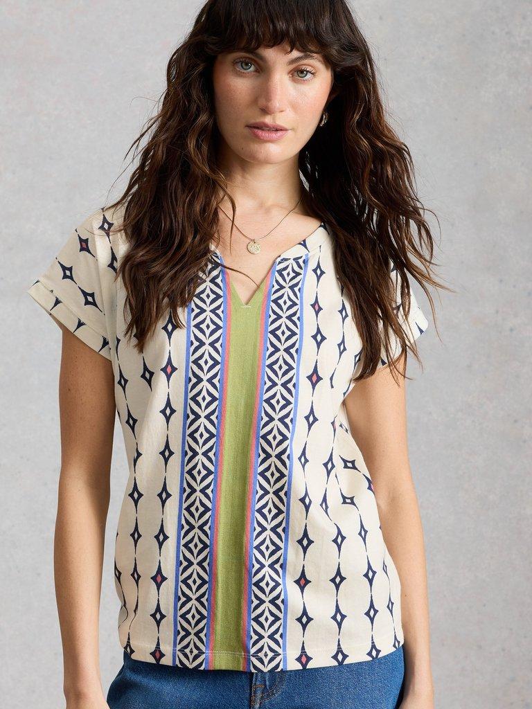 NELLY NOTCH NECK SHORT SLEEVE T-SHIRT in WHITE MLT - MODEL DETAIL