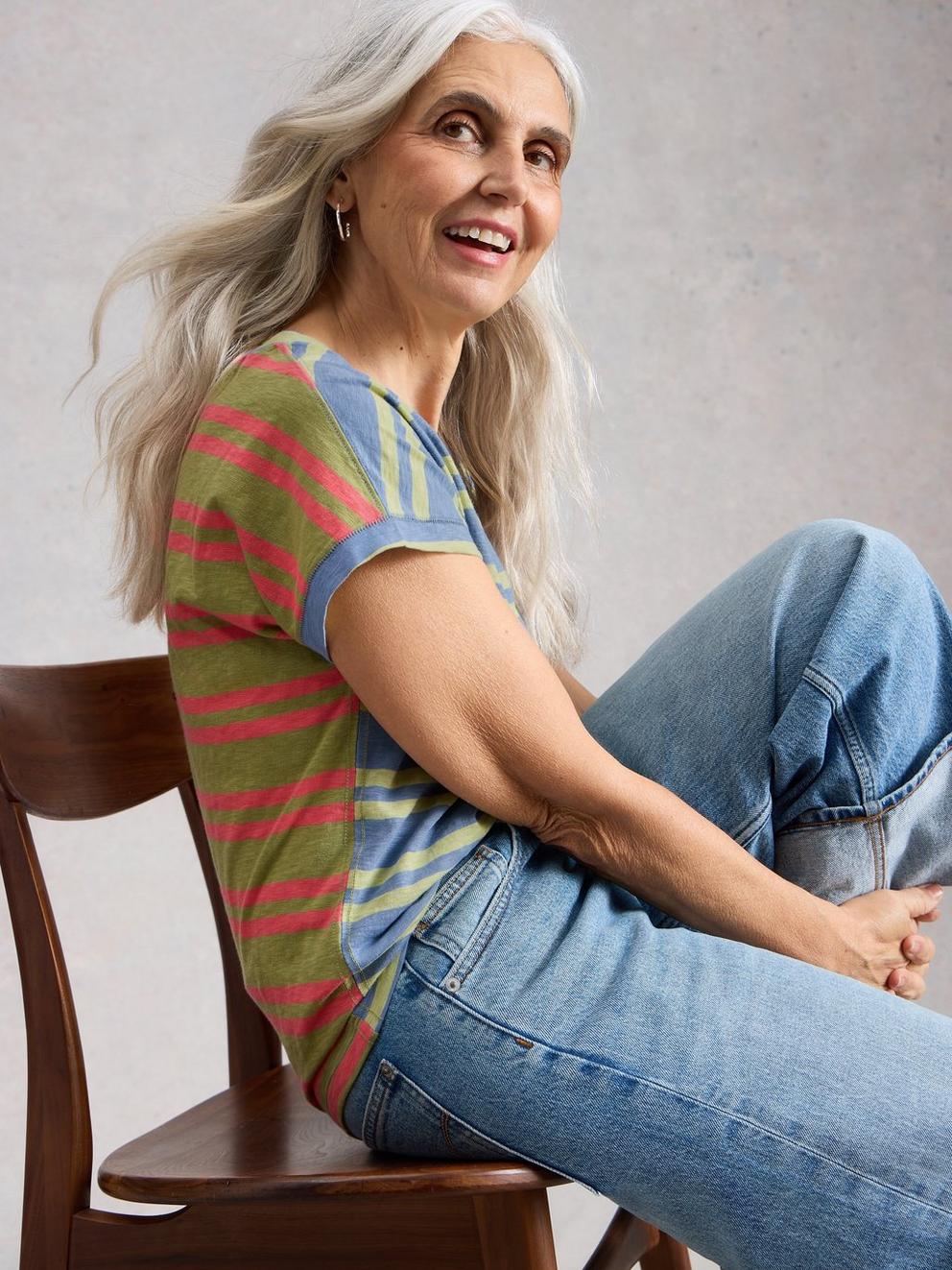 NELLY NOTCH STRIPE TEE in BLUE MLT - LIFESTYLE