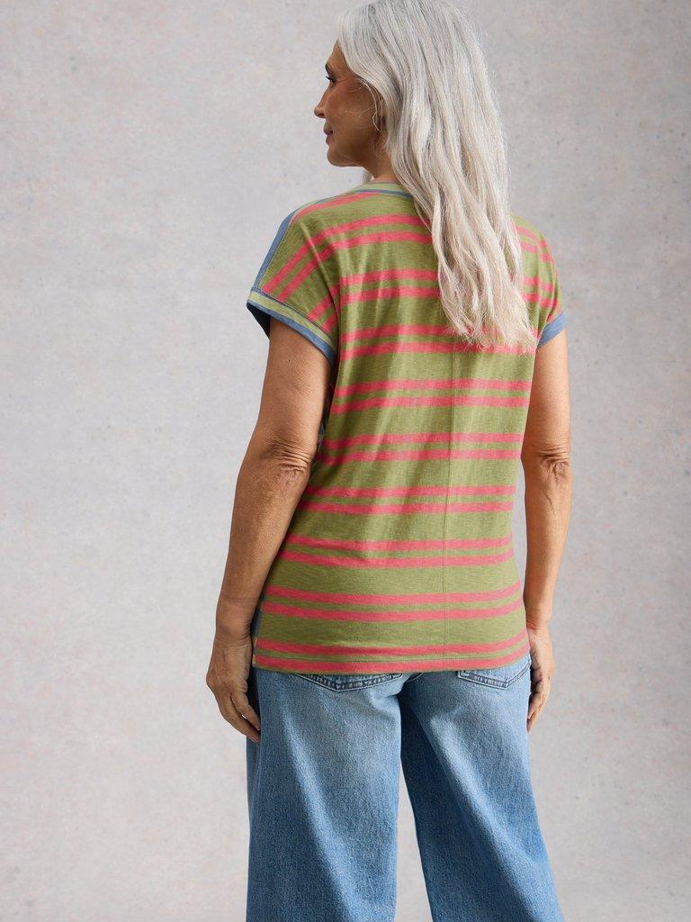 NELLY NOTCH STRIPE TEE in BLUE MLT - MODEL BACK