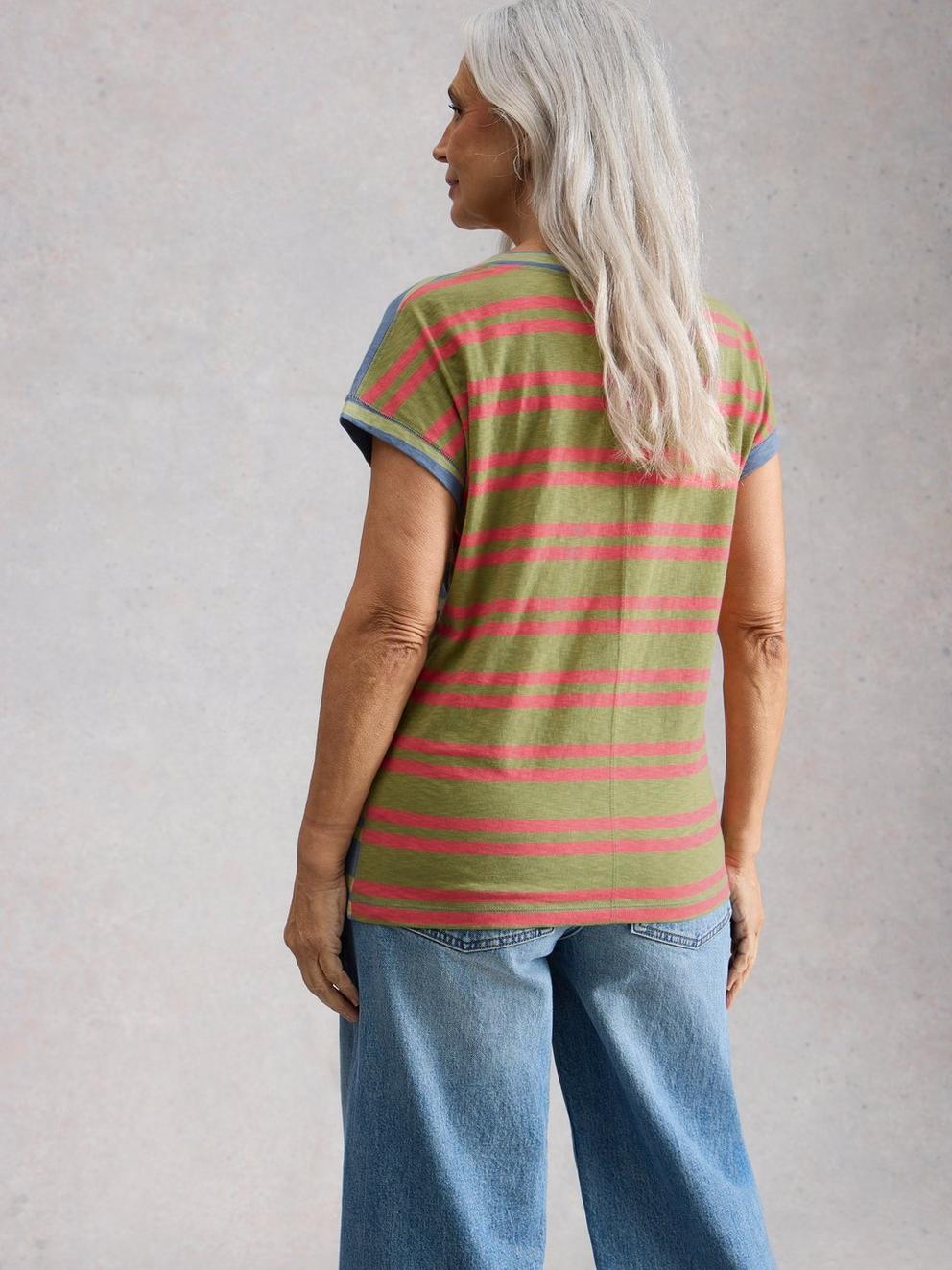 NELLY NOTCH STRIPE TEE in BLUE MLT - MODEL BACK
