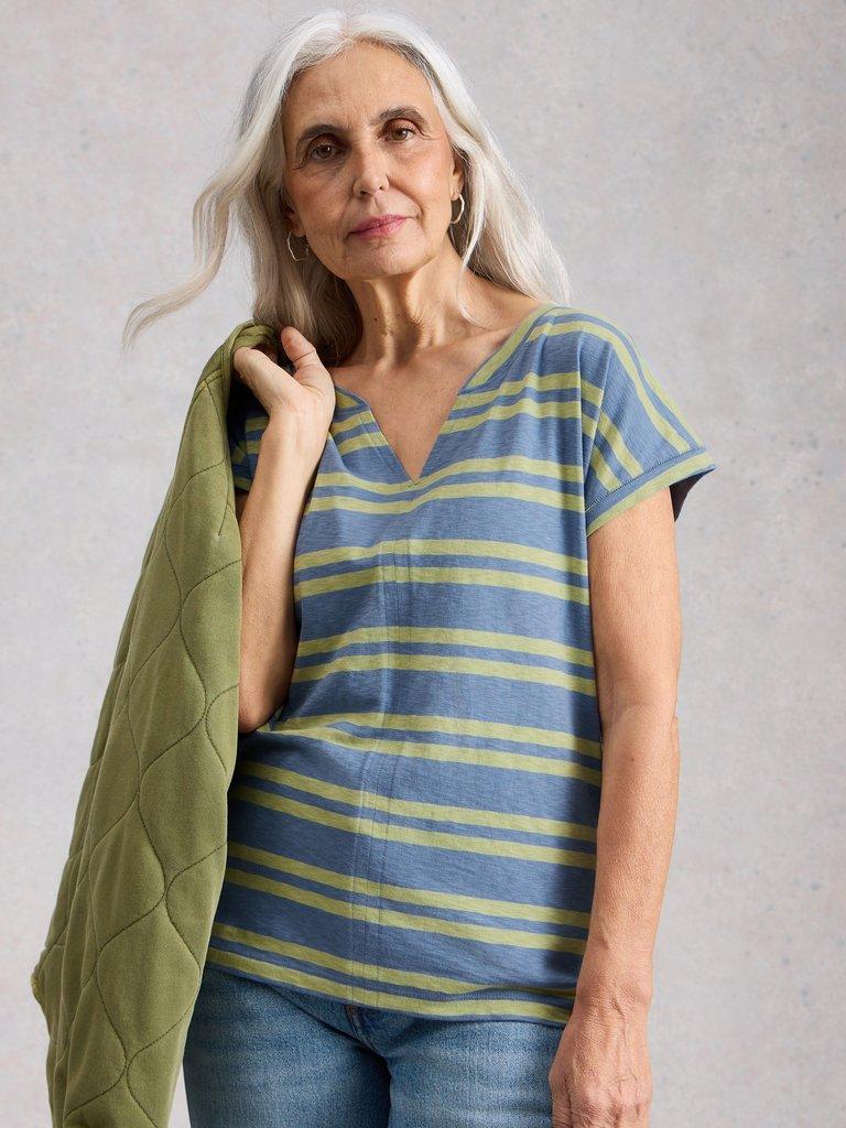 NELLY NOTCH STRIPE TEE in BLUE MLT - MODEL DETAIL