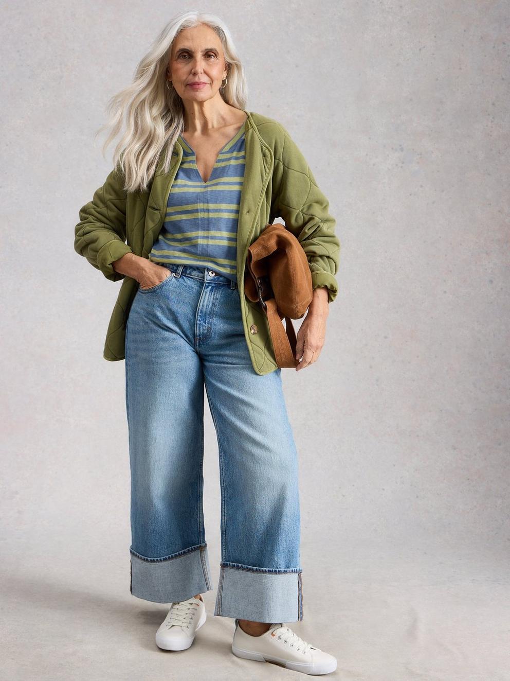 NELLY NOTCH STRIPE TEE in BLUE MLT - MODEL FRONT