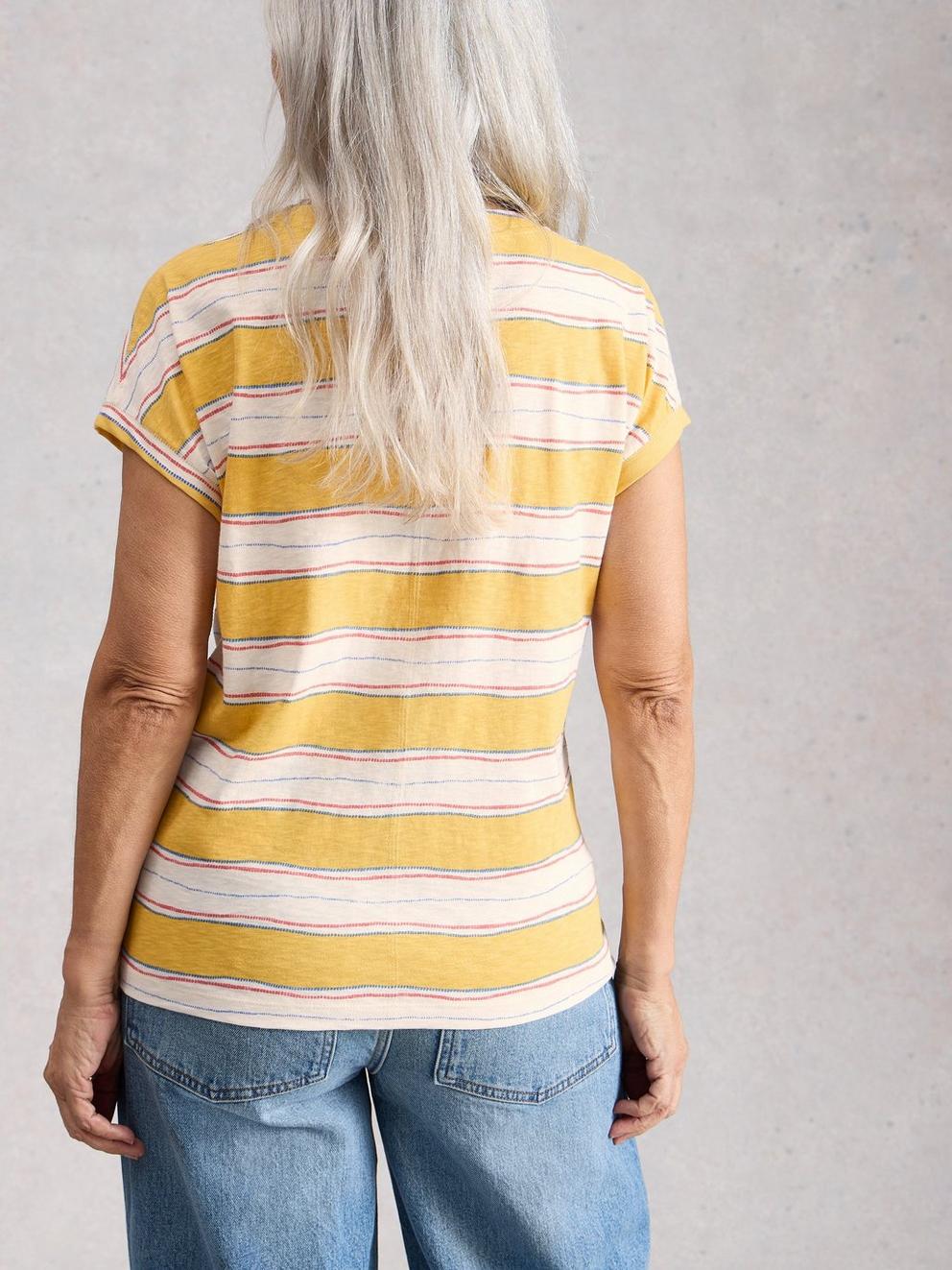 NELLY NOTCH STRIPE TEE in YELLOW MLT - MODEL BACK