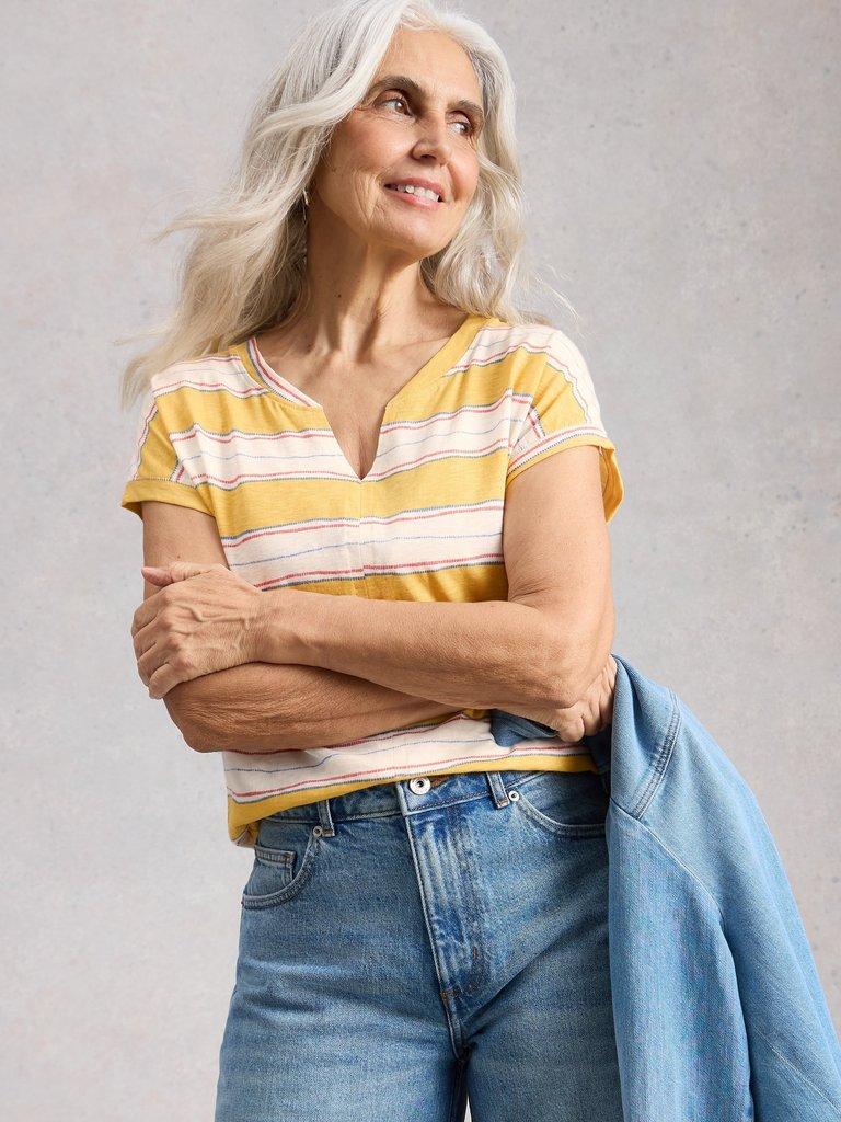 NELLY NOTCH STRIPE TEE in YELLOW MLT - MODEL DETAIL