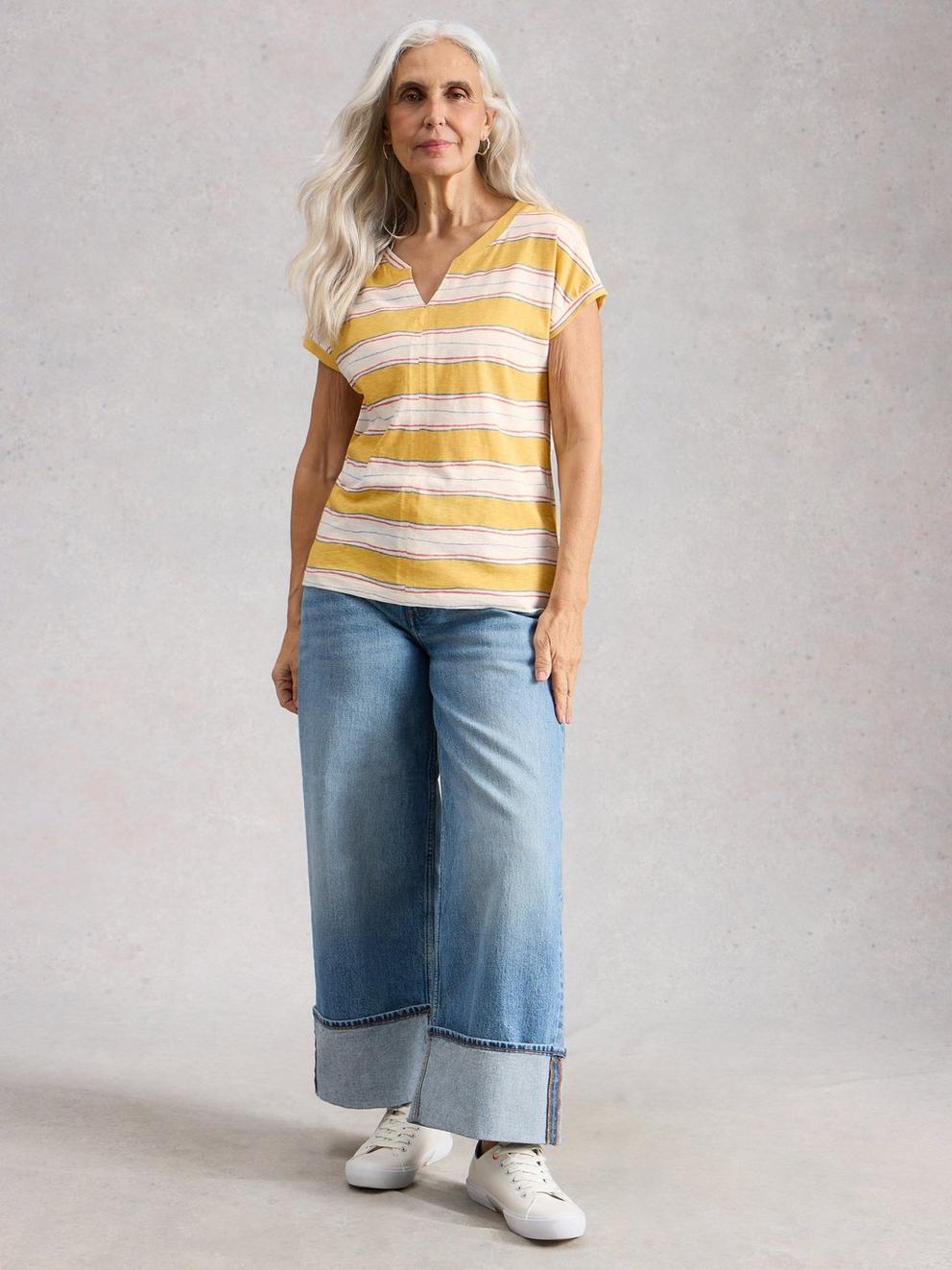 NELLY NOTCH STRIPE TEE in YELLOW MLT - MODEL FRONT