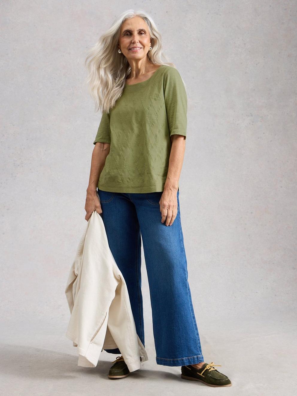 WEAVER BRODERIE TEE in KHAKI GRN - MODEL FRONT