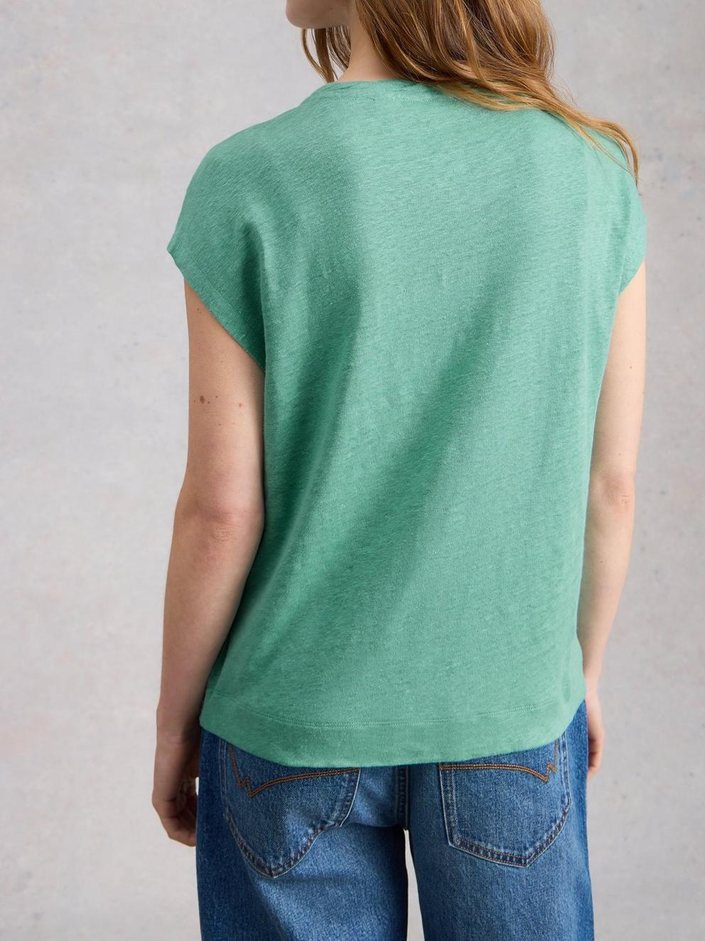 ROWAN LINEN TEE in MID TEAL - MODEL BACK