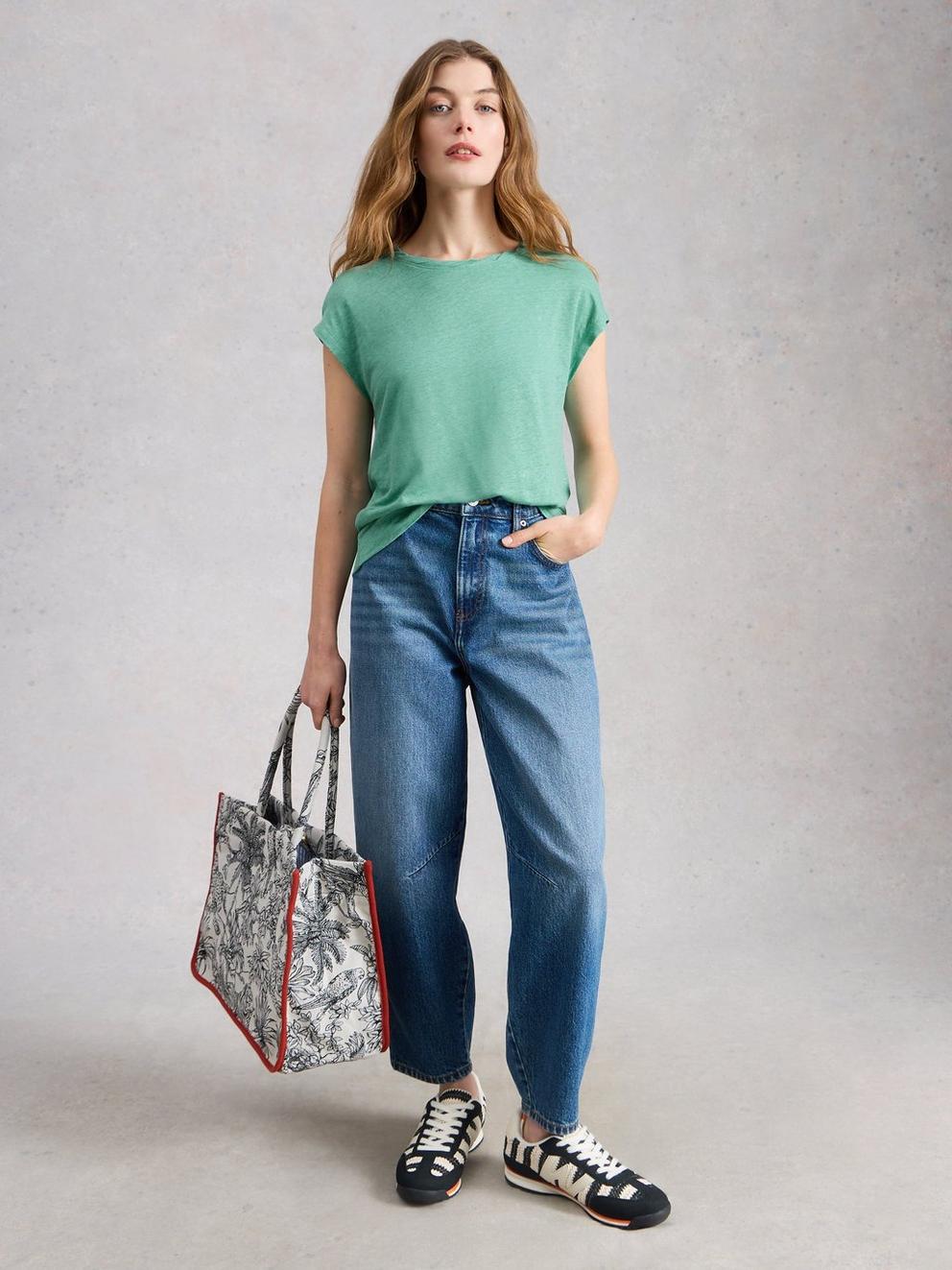 ROWAN LINEN TEE in MID TEAL - MODEL FRONT