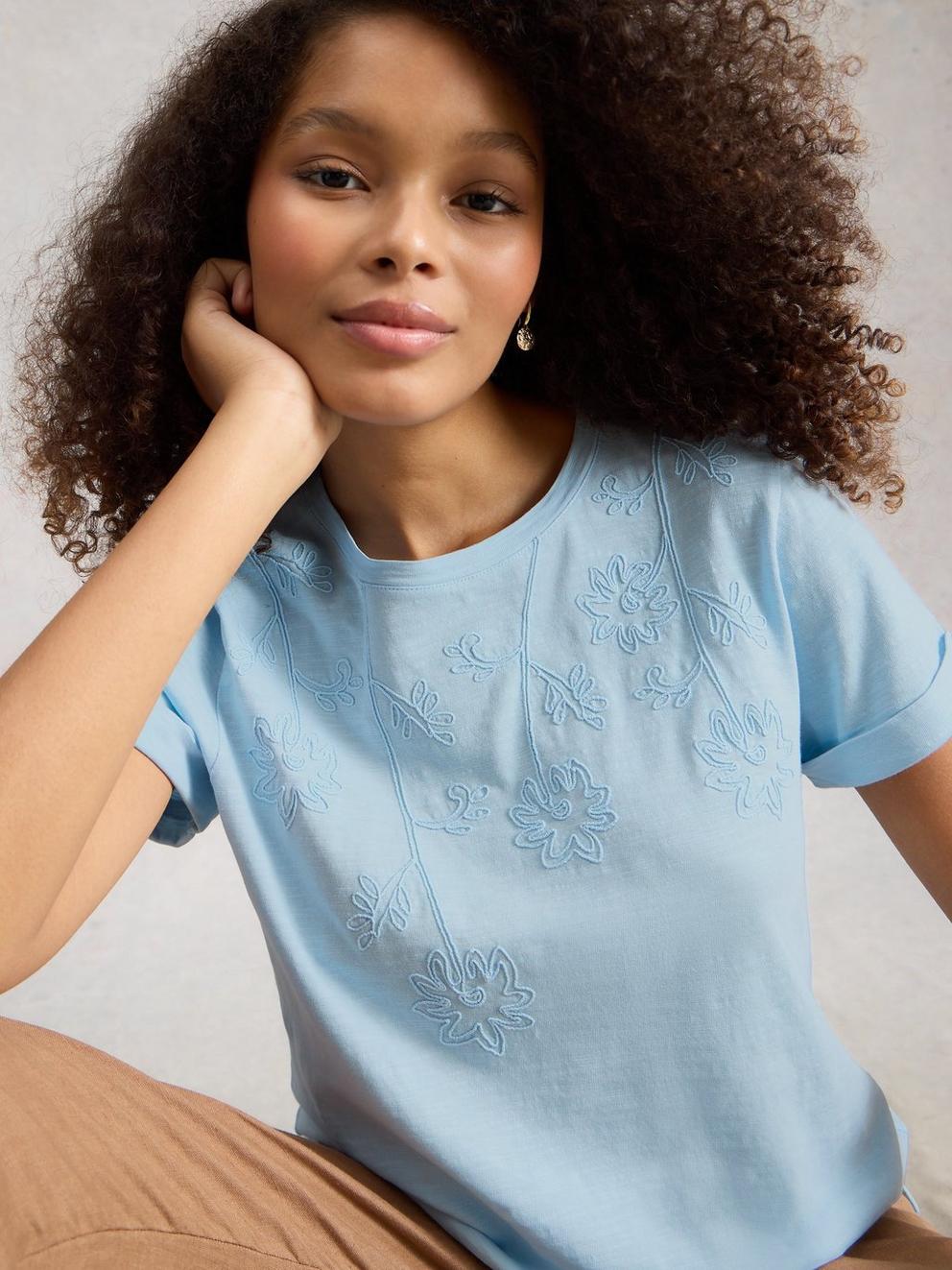 GINA EMBROIDERED TEE in MID BLUE - LIFESTYLE