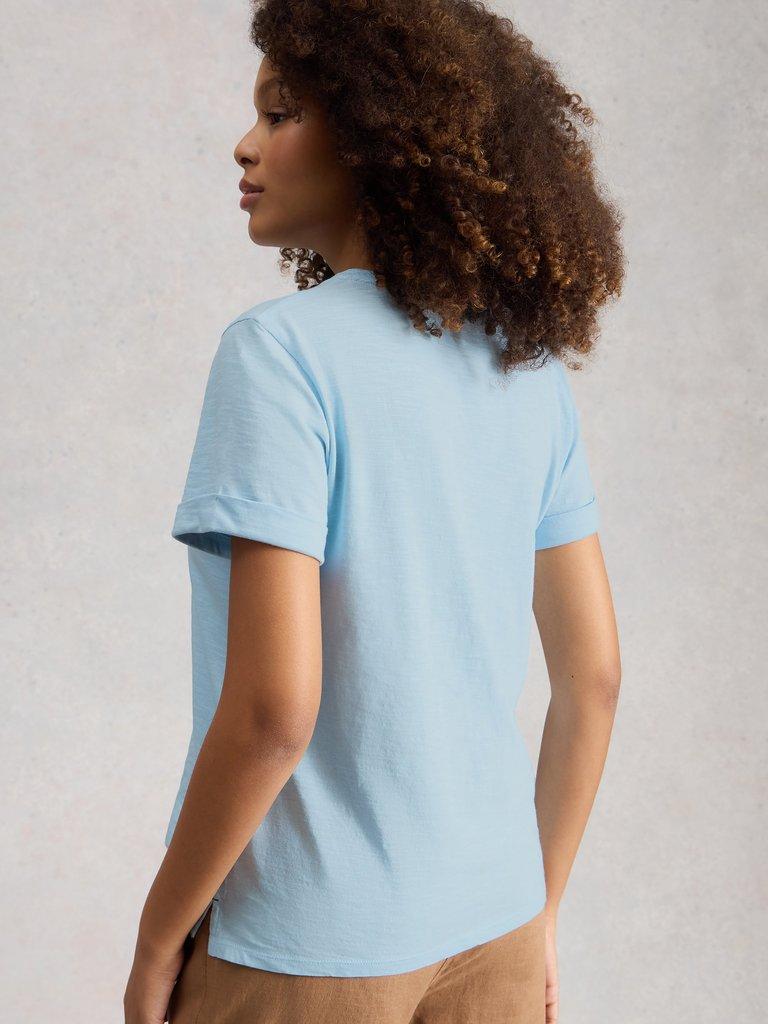 GINA EMBROIDERED TEE in MID BLUE - MODEL BACK
