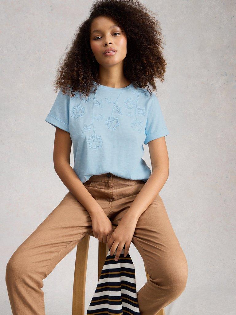 GINA EMBROIDERED TEE in MID BLUE - MODEL DETAIL