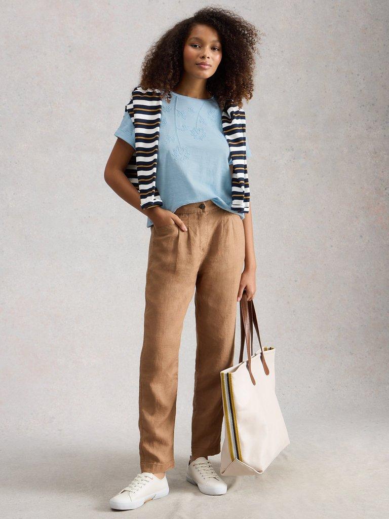 GINA EMBROIDERED TEE in MID BLUE - MODEL FRONT