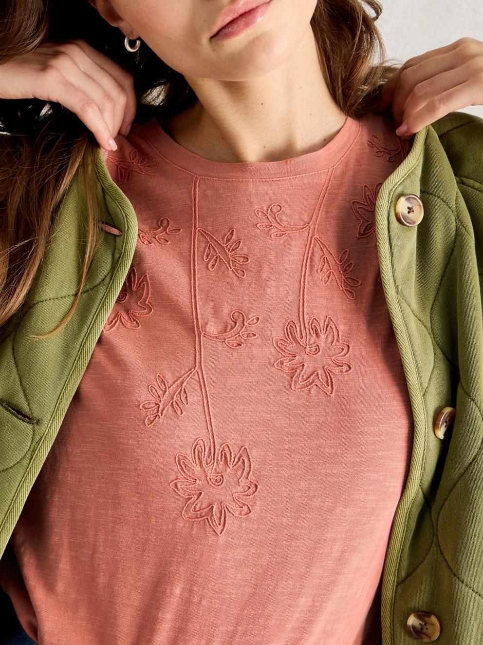 GINA EMBROIDERED TEE in MID PINK - MODEL DETAIL