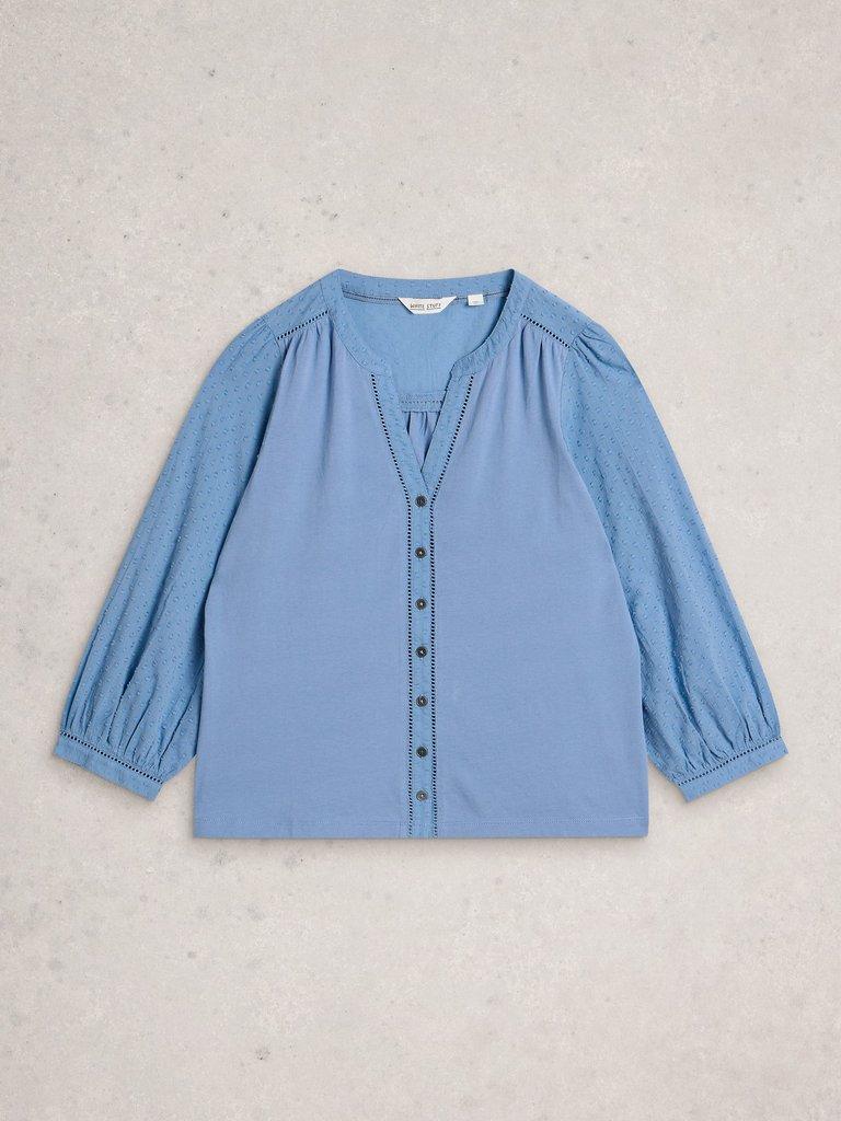 DAISY DOBBY MIX TOP in MID BLUE - FLAT FRONT