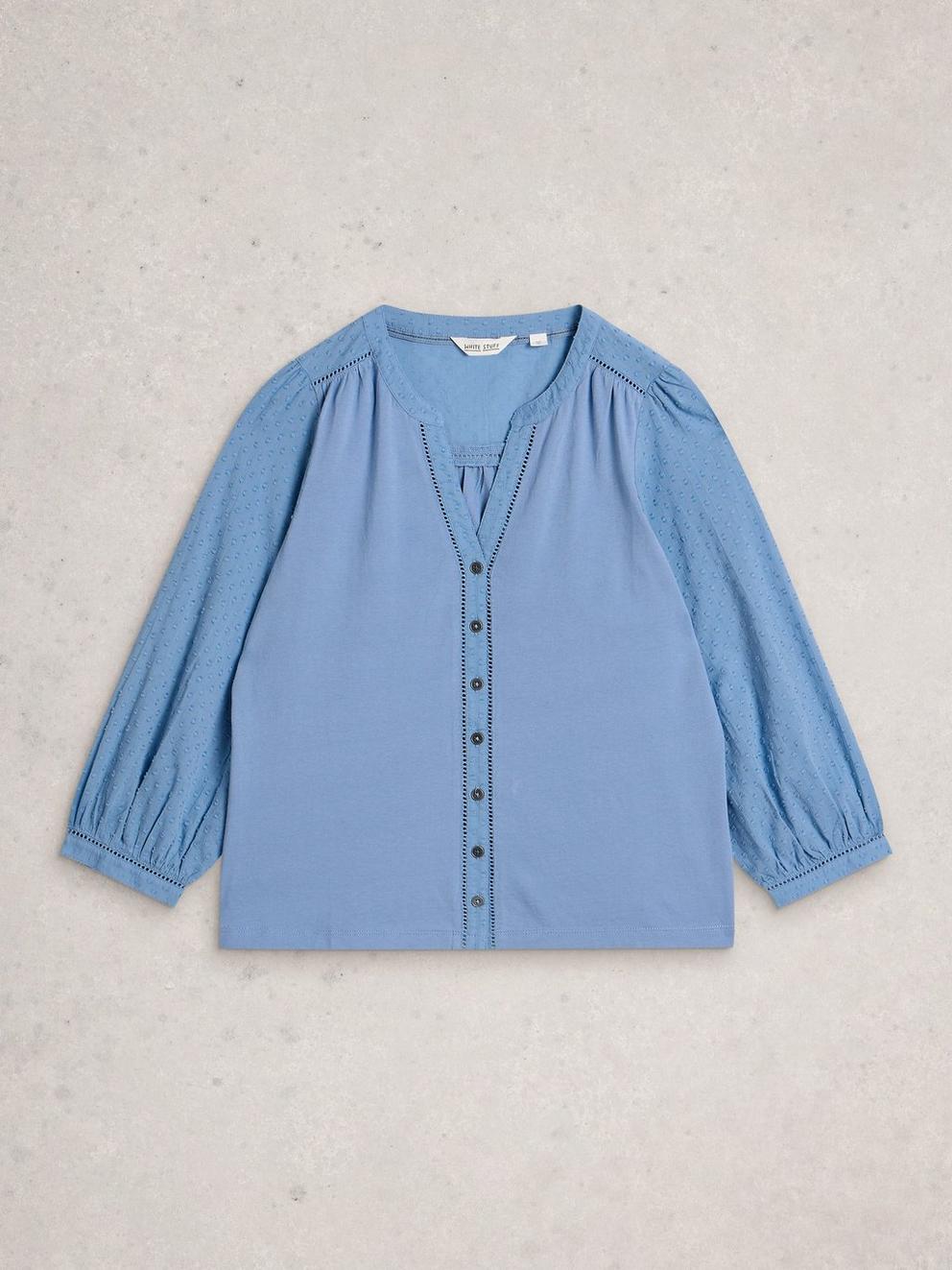 DAISY DOBBY MIX TOP in MID BLUE - FLAT FRONT