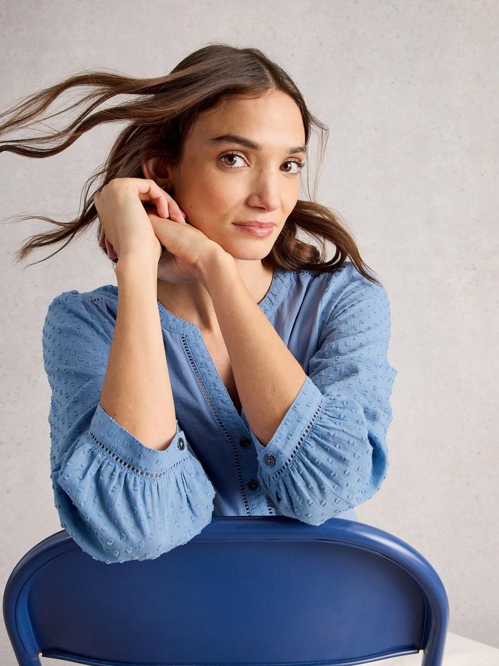 DAISY DOBBY MIX TOP in MID BLUE - LIFESTYLE