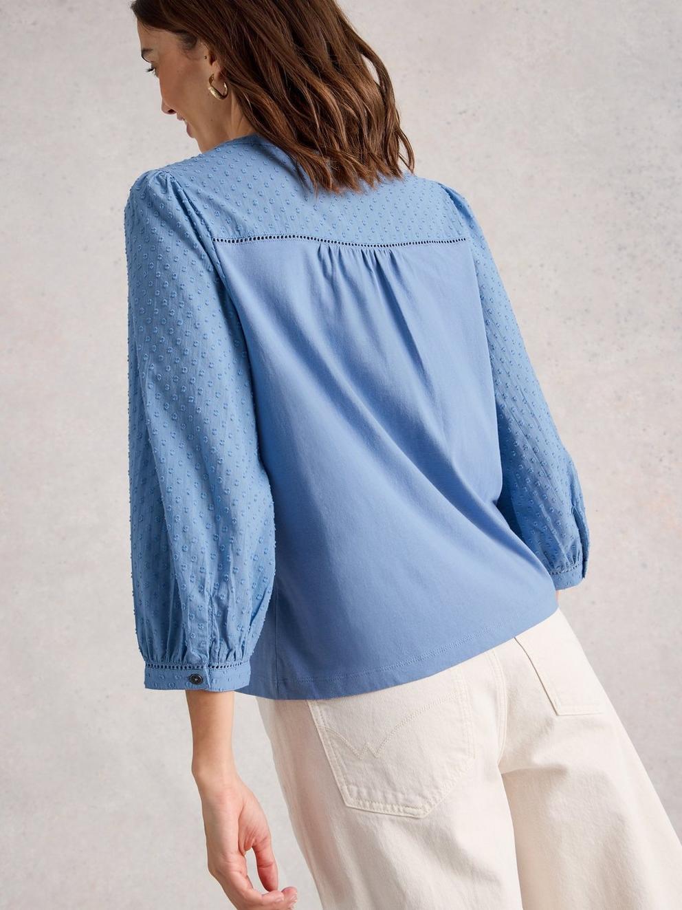 DAISY DOBBY MIX TOP in MID BLUE - MODEL BACK