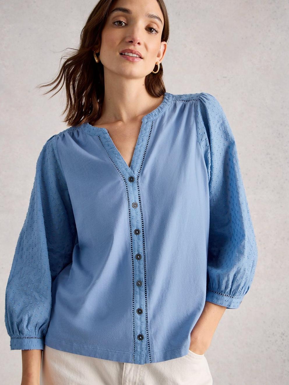 DAISY DOBBY MIX TOP in MID BLUE - MODEL DETAIL