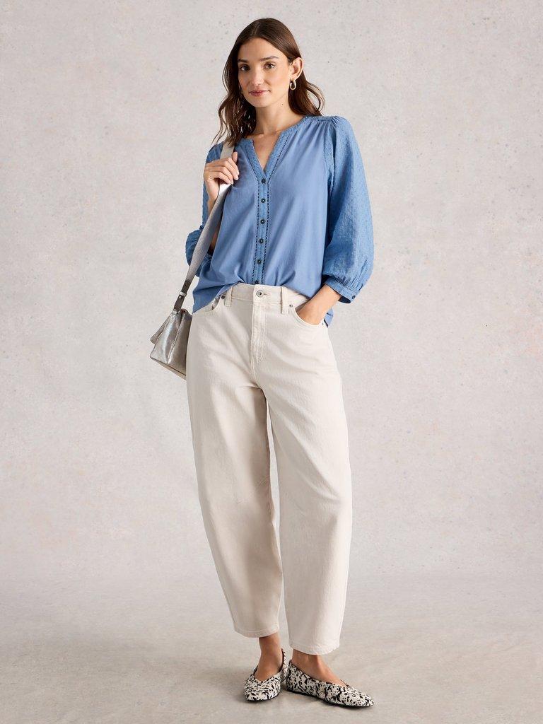 DAISY DOBBY MIX TOP in MID BLUE - MODEL FRONT