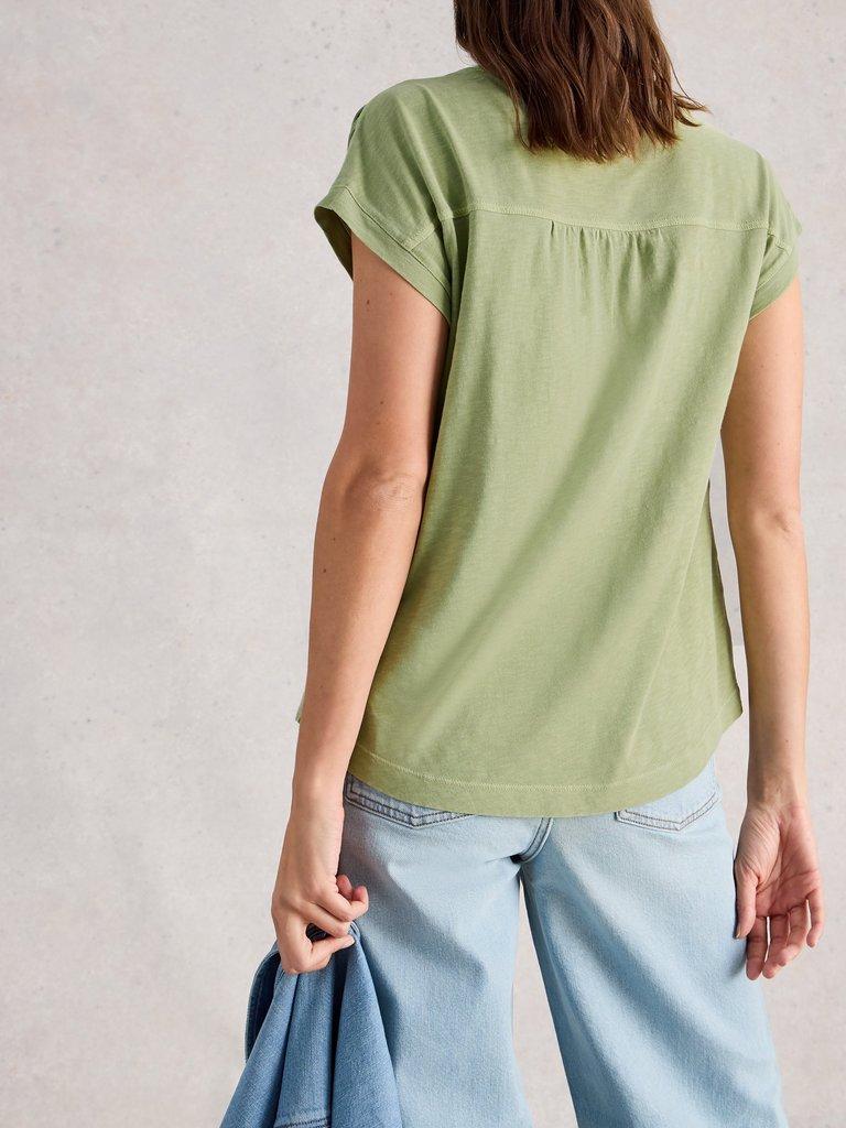 CECILY SLEEVELESS SHIRT in KHAKI GRN - MODEL BACK