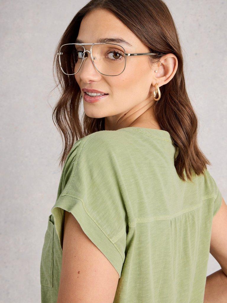 CECILY SLEEVELESS SHIRT in KHAKI GRN - MODEL DETAIL