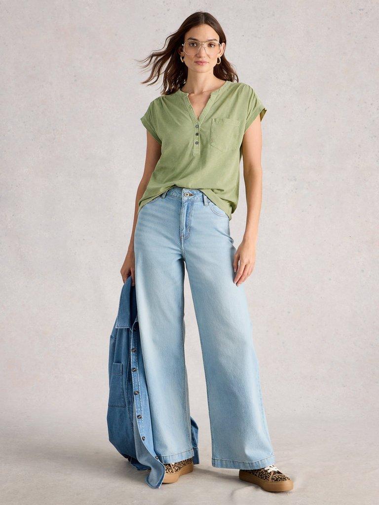 CECILY SLEEVELESS SHIRT in KHAKI GRN - MODEL FRONT