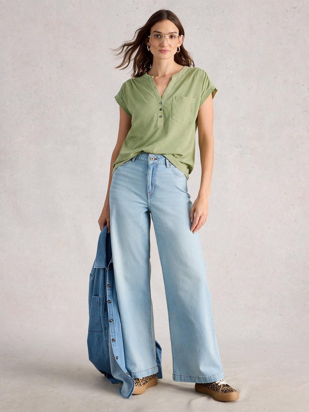 CECILY SLEEVELESS SHIRT in KHAKI GRN - MODEL FRONT