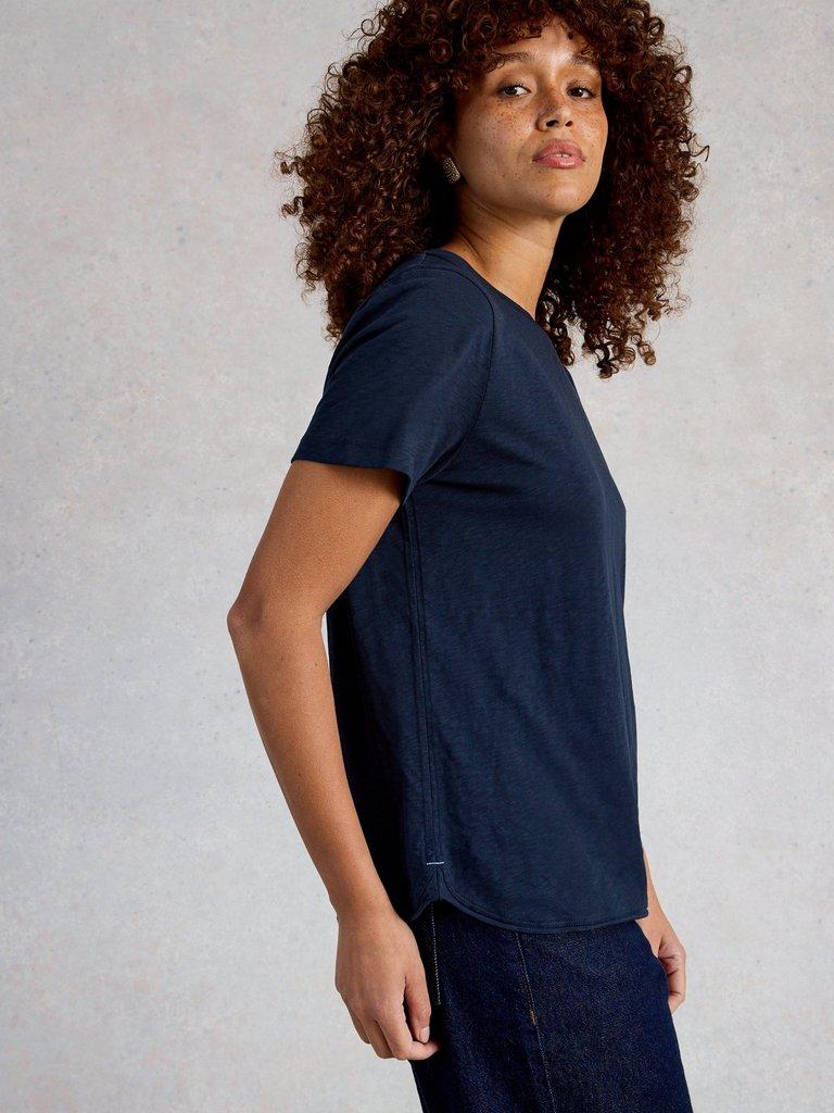 CLARA CREW NECK SHORT SLEEVE TEE in DARK NAVY - MODEL DETAIL