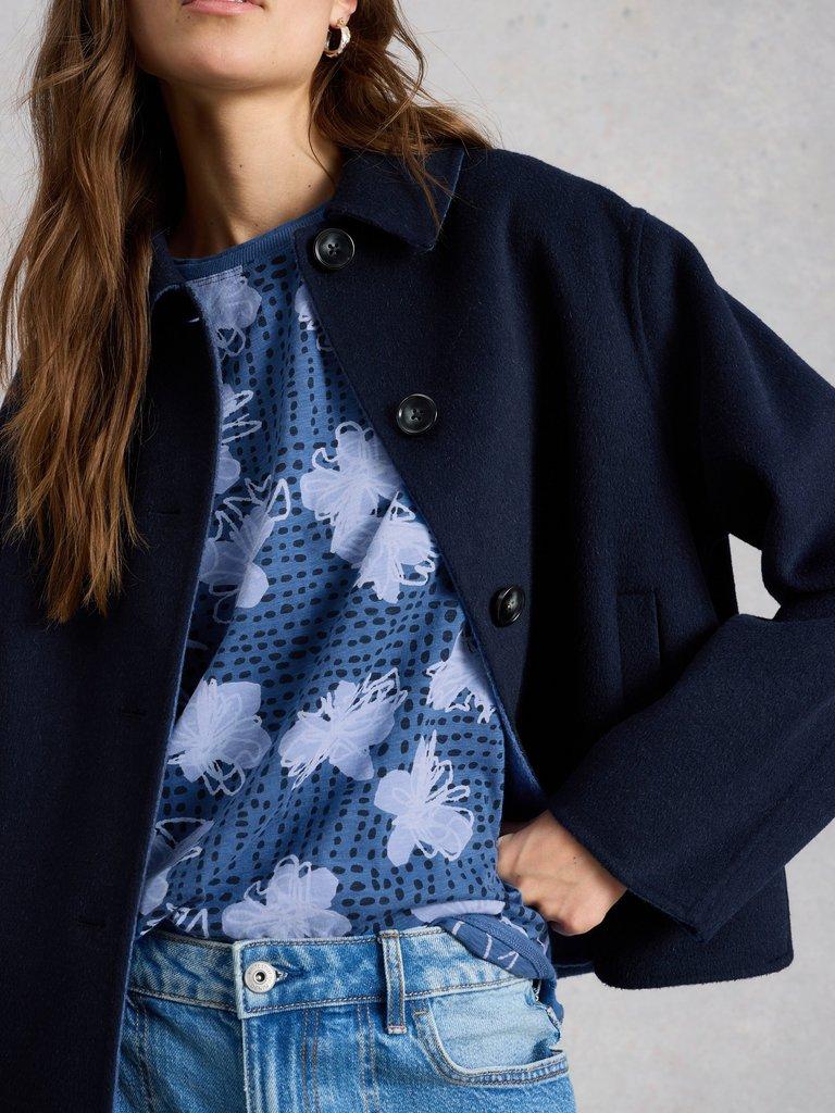 CLARA CREW NECK SHORT SLEEVE TEE in NAVY MULTI - MODEL DETAIL