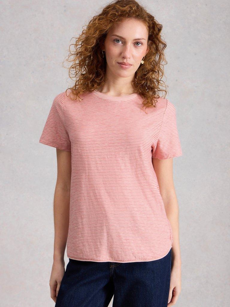 CLARA TEXTURE SHORT SLEEVE TEE in MID PINK - MODEL DETAIL